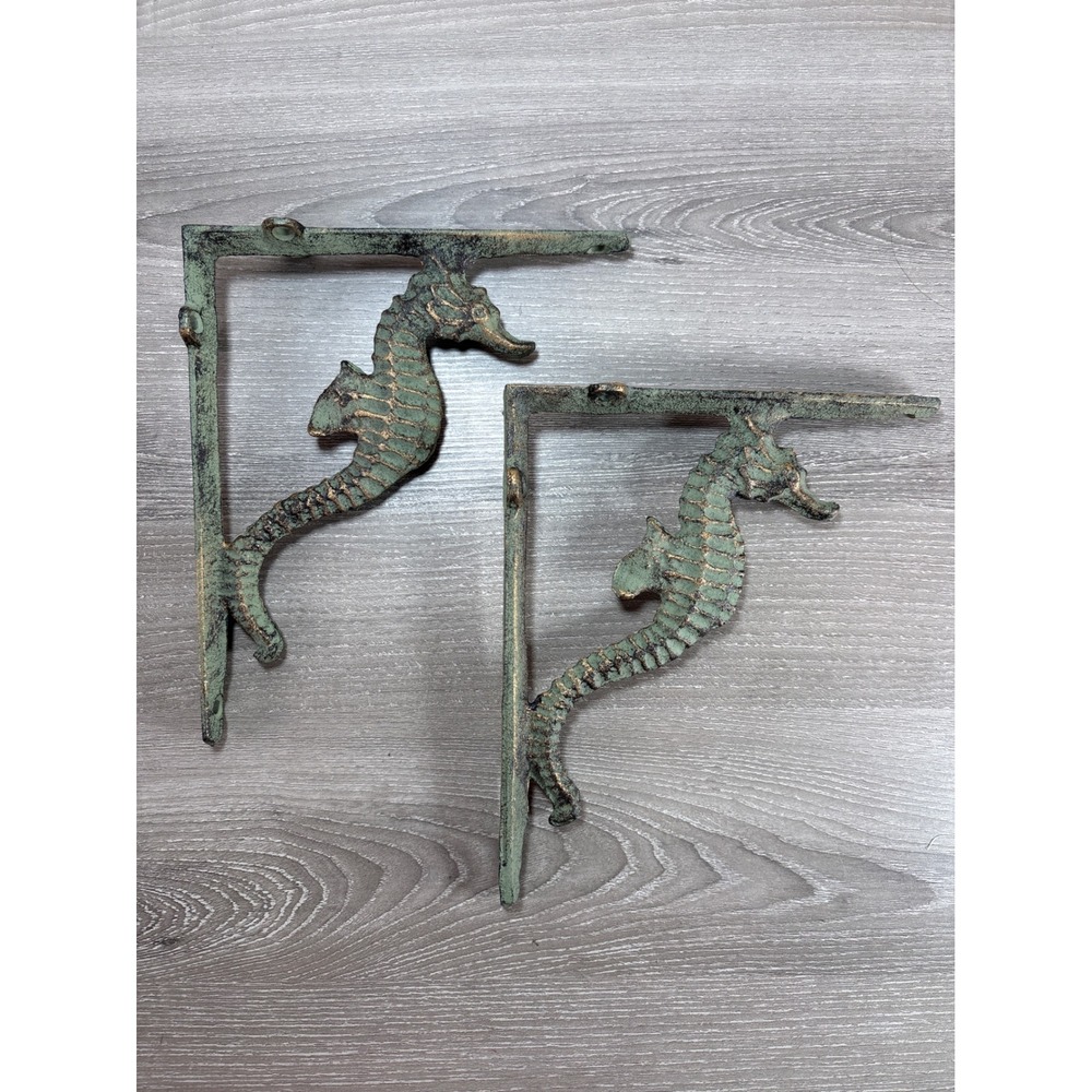 Cast Iron Seahorse Shelf Brackets Set of 2 Coastal Nautical Verdigris Green Gold